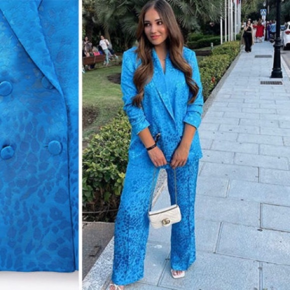ZARA PANT SUIT - TURQUOISE JACQUARD BLAZER SIZE S & WIDE LEG JACQUARD PANTS SZ M - Picture 3 of 14